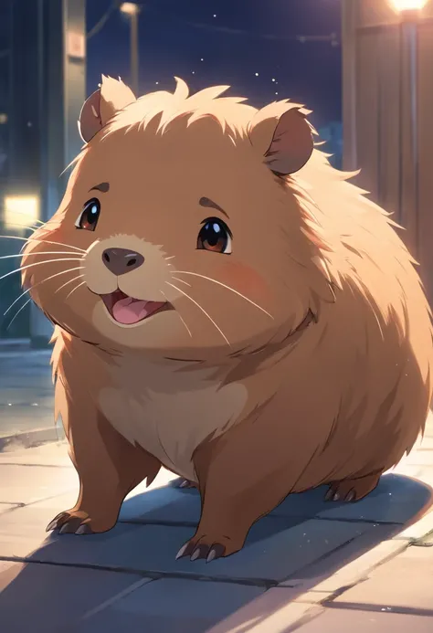 Fluffy little capybara, Perfect for a comfortable cuddle. Its fur is soft，pale brown, There are white spots that resemble raindrops,. His eyes were large but half-squinted，looks cute and loves a little clown，Very expressive, Bright brown，Exudes curiosity a...