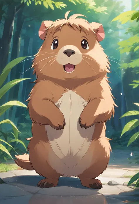 Fluffy little capybara, Perfect for a comfortable cuddle. Its fur is soft，pale brown, There are white spots that resemble raindrops,. His eyes were large but half-squinted，looks cute and loves a little clown，Very expressive, Bright brown，Exudes curiosity a...