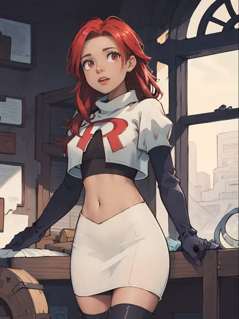 defhapi, team rocket, team rocket uniform, red letter r, white skirt, white crop top, black thigh-high boots, black elbow gloves...