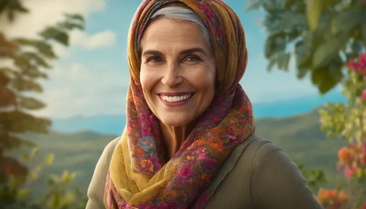 Mulher de 50 anos, cabelos grisalhos, with headscarf, with sympathetic face, sorriso encantador, feliz, vendedora, sem fundo na imagem, estilo Pixar.