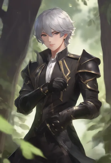 masterpiece, best quality,alhaitham(genshin impact), 1boy, male focus, shirt, solo, gloves, sleeveless shirt, grey hair, green eyes, sleeveless, ahoge, black shirt, bangs, hair over one eye, black gloves, indoors, sanctuary, fingerless gloves, black pants,...