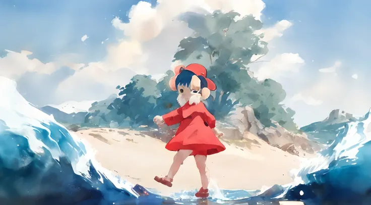 An old man in a red dress stands on the waves, red colour, Official artwork, Official illustration, Old man walking on water, offcial art, an animated character, ponyo hayao mitazaki, 2 d cg, the anime girl is running, official fanart, animation illustrati...