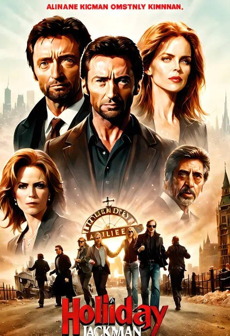 (The movie poster of holliday family movie:1.5), (movie poster style illustration:1.5), (movie title:1.5), (logo:1.5), (sproncers logo:1.5), (texe:1.5), ((text:2)), (title:1.5), (Movie of Hugh Jackman:1.5), (starring Al Pacino, Nicole Kidman, and Brad Pitt...