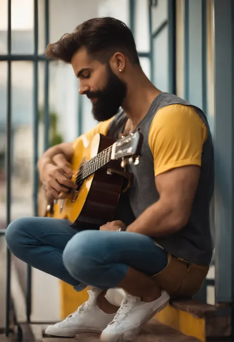 Homem de 30 anos, com barba estilo lenhador, cabelo cortado estilo low fade, castanhos, olhos castanhos, sombrancelha grossa, camiseta preta, Playing left-handed guitar, Yellow Folk Guitar, Nike sneakers.