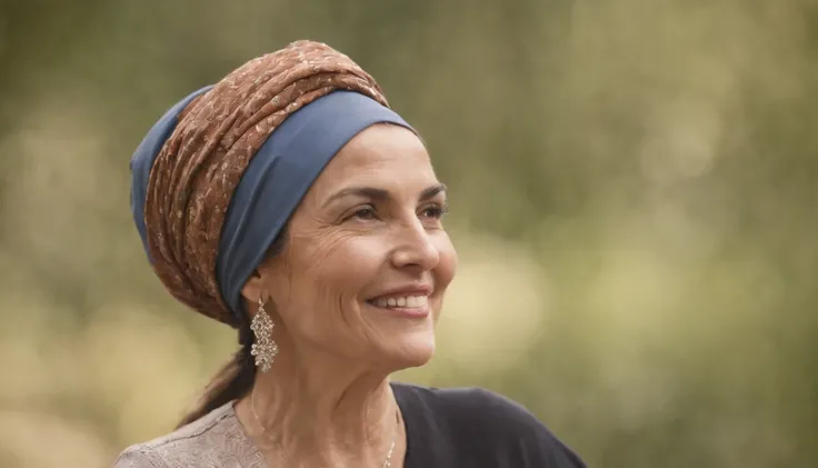 Mulher de 50 anos, cabelos grisalhos, with headscarf, with sympathetic face, sorriso encantador, feliz, sem fundo na imagem, estilo Pixar.