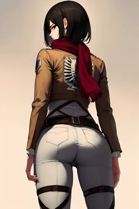 masterpiece, best quality, highres, hmmikasa, short hair, black eyes, scarf, emblem, belt, thigh strap, red scarf, white pants, brown jacket, long sleeves, cowboy shot, standing, from behind, focus on ass, nice ass