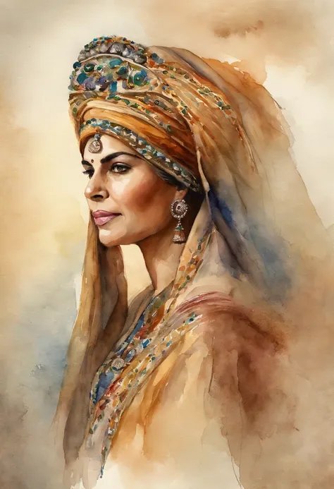 Watercolor painting of a beautiful Persian mom with headdress on her head : : trending on ArtStation: : Simple composition creates a sense of order and harmony. A pintura reflete as qualidades espirituais do mundo natural. --up luz --ar 9:16