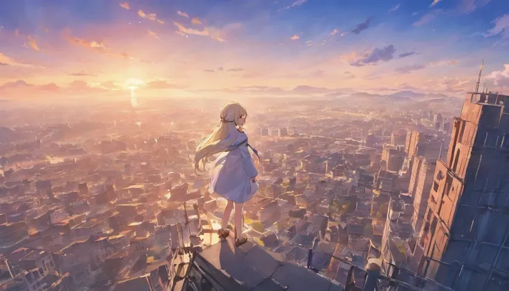 Masterpiece, Superior quality,CG, A girl stands on the edge of a cliff，long whitr hair，white  clothes，Look at the city walls in the distance，Face away from the camera，A big river，There are a lot of clouds in the sky，Mountains and seashores in the distance