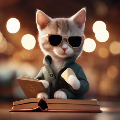 Perfect centering arrangement, Cute little cat, Wear a jacket., Wear sunglasses, Wearing headphones, cheerfulness, Hold the book. Standing position., abstract beauty, centered, looking at the camera, facing camera, Approaching perfection, dynamic, high-det...