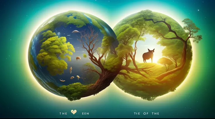 The center of the universe is the center of the earth，This is the heart。，Rooted in arteries，Man lifts up the earth with his hands，Stylized digital illustration of animals living on earth