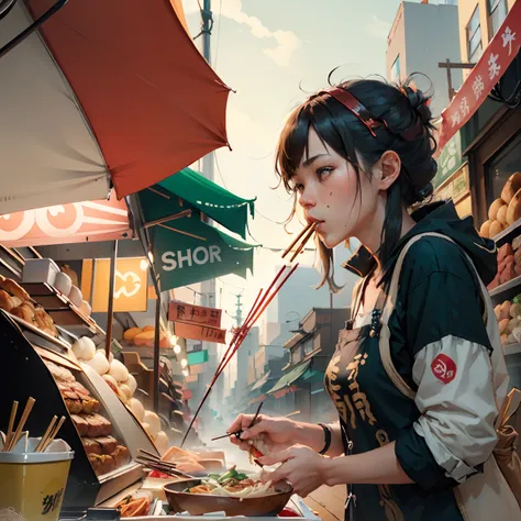 A man eats ramen with chopsticks　realisitic　food stand　
Woman eats hamburger