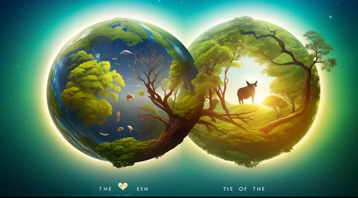 The center of the universe is the center of the earth，This is the heart。，Rooted in arteries，Man lifts up the earth with his hands，Stylized digital illustration of animals living on earth