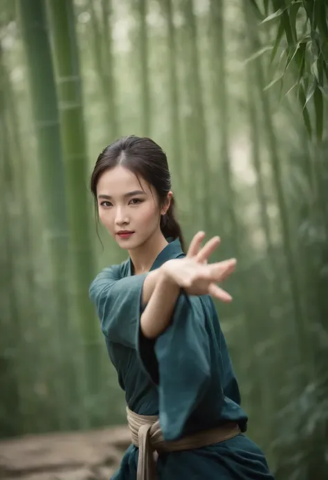 5 women, 35 yo, Thick body, Kungfu, Green bamboo forest, Surrounded by rain, Illustration style, Motion blur, Long exposure to the whole body, Exquisite facial features, Chinese ink style, Martial arts style, selective focus, in a panoramic view, (Bokeh:1....