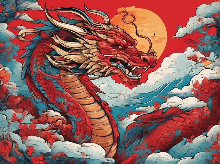 ((masterpiece, best quality, highres, UHD, perfect pixel, depth of field, 4k, RTX, HDR)), there is a picture of red cloud and white chinese dragon, stunning digital illustration, beautiful digital artwork, a beautiful artwork illustration, stunning gorgeou...