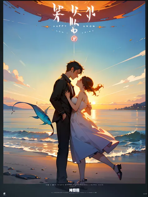 ((masterpiece, best quality, top quality)), (movie poster), couple in beach, sunset, sunset, happy face, beautiful, with text "True Love" floating fish, fantasy, aesthetic, amazing, poster, text