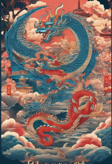 Chinese style elements，Oriental dragon image, Blessed by the dragon，The dragon is praying，Soaring skies, There are colorful lights everywhere, They were delighted, (High contrast), (The era of fantasy worlds), People are happily shopping, The atmosphere of...