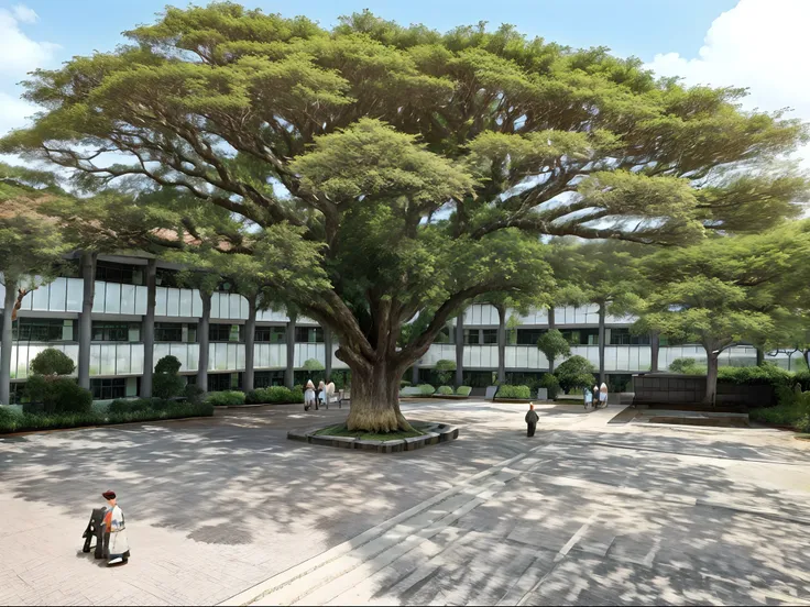 there are people walking around a courtyard under one large tree, 1 huge central tree, 1 central tree, school courtyard, ground ...