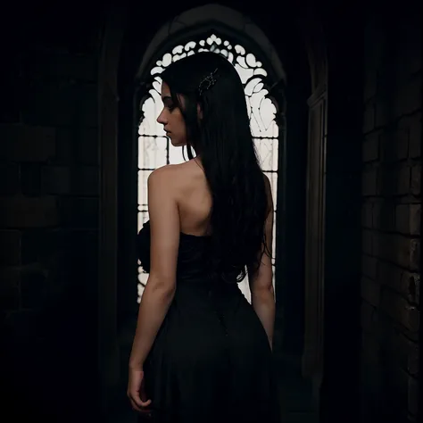 A stunning gothic girl stands in the darkness, her long black hair cascading down her back as she wears a breathtaking dress with bare shoulders. The deep shadows and cool light add to her mysterious and alluring appearance.