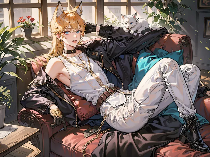 masterpiece, dramatic_angle, dramatic_shadows, best_quality, 1boy, gloves, male_focus, black_gloves, animal_ears, belt, collar, tail, lying, tongue, solo, tongue_out, looking_at_viewer, shoes, pants, couch, on_back, orange_hair, jewelry, blonde_hair, sneak...