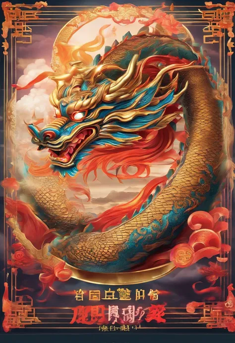 Chinese style elements，Oriental dragon image, Blessed by the dragon，The dragon is praying，Soaring skies, There are colorful lights everywhere, They were delighted, (High contrast), (The era of fantasy worlds), People are happily shopping, The atmosphere of...