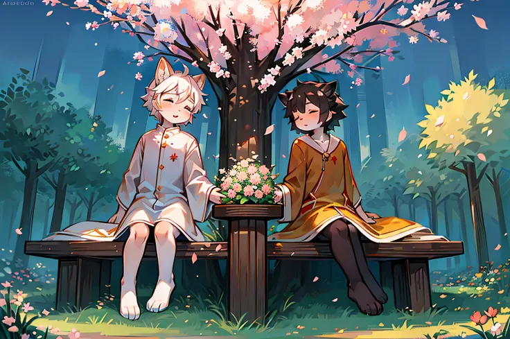 A white deer in a white robe，Black-haired wolf in an orange shirt，trpical garden，Sit on grass，clear blue skies，Peach blossom tree，falling flower petals，grassy fields，Shota，adolable，Double，suns，Close your eyes