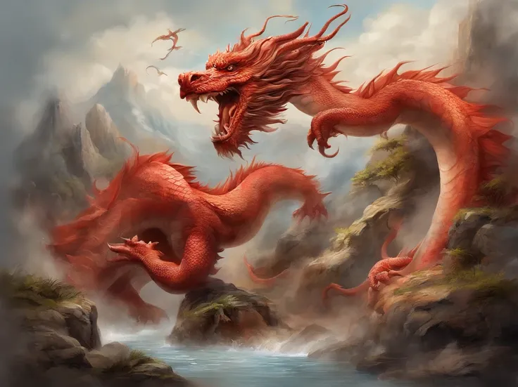 ((masterpiece, best quality, highres, UHD, perfect pixel, depth of field, 4k, RTX, HDR)), there is a picture of red cloud and white chinese dragon, stunning digital illustration, beautiful digital artwork, a beautiful artwork illustration, stunning gorgeou...