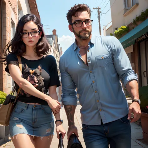 Estilo Pixar, casal,A 40-year-old man with a short beard with glasses, cabelo raspado, uma mulher cabelo preto longos, next to a black French Bulldog