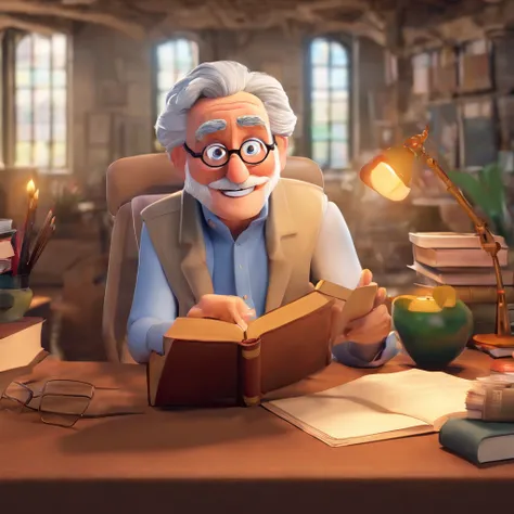 Crie um cartaz inspirado na Disney Pixar com o personagem sendo o pastor Rubens Janier, A gray-haired man wearing glasses, in an office with a Bible on the table