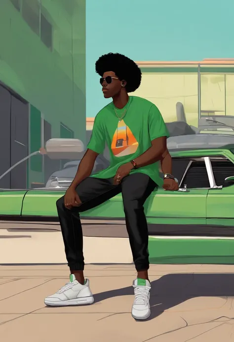 A young black man with long afro hair cut Taper fade looking at his future music studio inspired by Pixar animation, the young man wore a green shirt and black pants and black retro 4 air Jordan sneakers