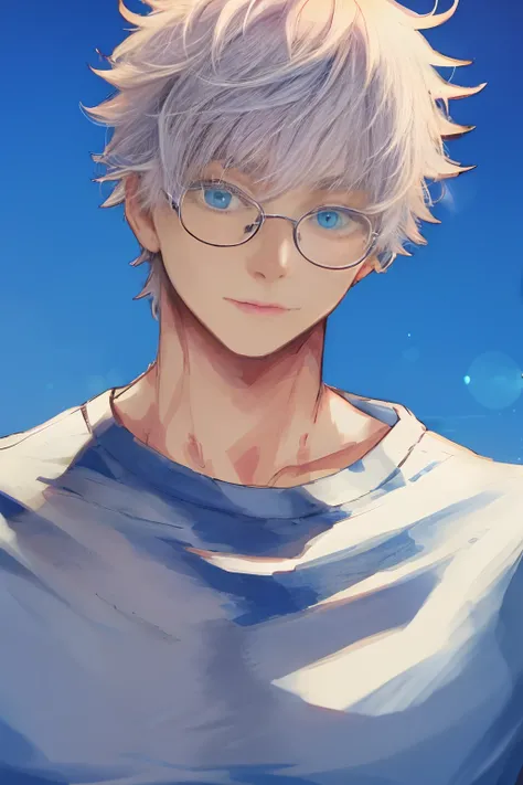 satoru gojo,white hair,short hair,hair between eyes,blue eyes,colored eyelashses,masterpiece, highres, high quality, extremely detailed, solo, outdoors, mouth closed, glasses, looking at viewer, SatoruGojo,1man, wearing tshirt and jeans, white tshirt, no h...