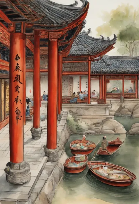 Hundred views of the Ming Dynasty，Kaido outdoor cafeteria 铺子，rowing，Fuqin，Tea，Play，Watching dramas and other life content，It looks like trade is booming，Lots of shops，A lively sight，There is a lot of furniture from the Ming Dynasty，Hand-painted scrolls，100...