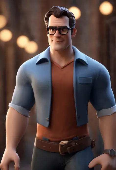 Henry Cavill with black glasses, cabelo liso preto e uma camisa azul, animation character, Caractere estilizado, animation style rendering, 3D estilizado, Arnold Maya render, 3 d render stylized, toon render keyshot, Personagem 3D, Personagem 3D, 3d render...