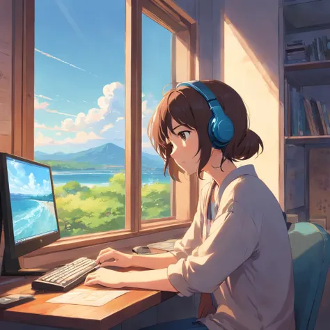 Sad lofi girl looking out the window having a headset on her head and playing with the pc mouse. Background wall have a peaceful painting