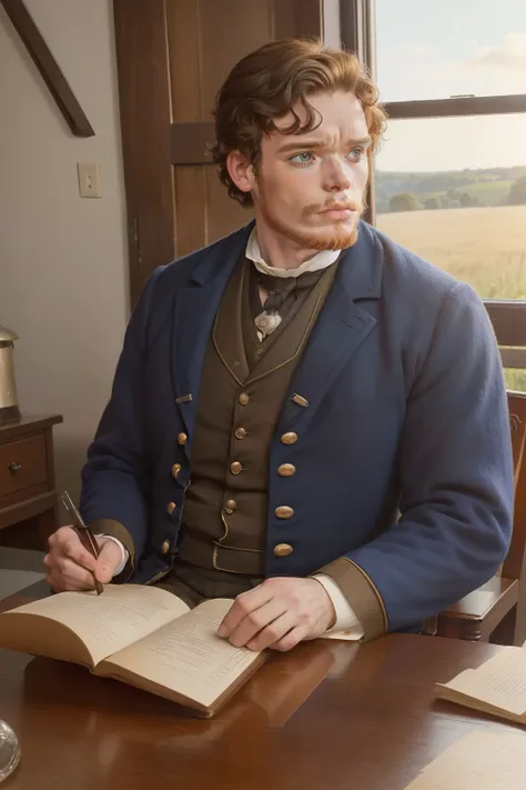 year: 1860. Location: Rock Island, Illinois. Pre-Raphaelite (((42-year-old Richard Madden))), reading a letter, ((worried look)), home desk, ((((rural Clothing from the 1860s)))) ((Hairstyle of the 1860s)), ((("OMITB" cinematography)))