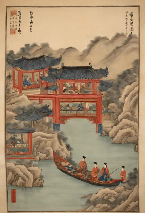 Hundred views of the Ming Dynasty，Kaido outdoor cafeteria 铺子，rowing，Fuqin，Tea，Play，Watching dramas and other life content，It looks like trade is booming，Lots of shops，A lively sight，There is a lot of furniture from the Ming Dynasty，Hand-painted scrolls，100...