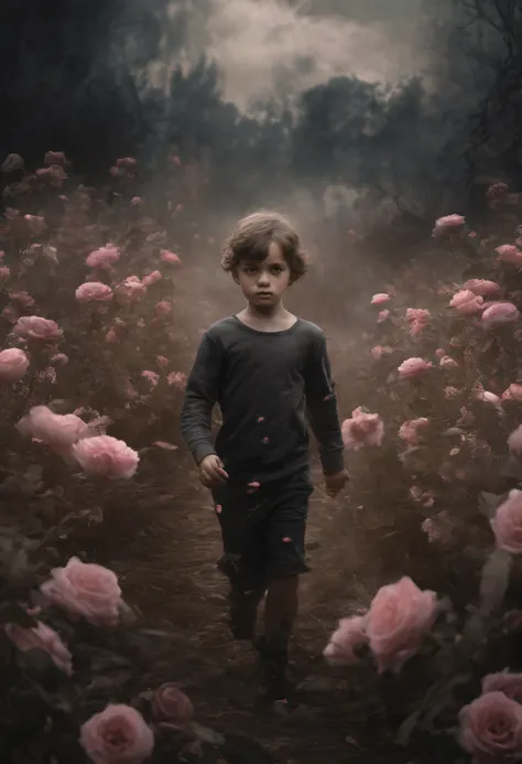 A kid joyfully running towards the camera, well detailed face, in between the flowers, with cinematic light. The scene is filled with pink colored flowers. The kids face is detailed, with beautiful eyes, nose, and lips. The flowers are in full bloom, with ...