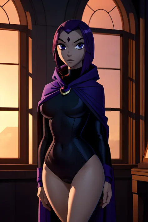 DC Character, Raven, dark violet hair, Beautiful cute face, Innocent, Charming, calm expression on his face, Facing the camera, grey skin, Skin color-grey, Body glare, ((pretty eyes)), dark purple eyes, ((Perfect Sexy Figure)), Ideal body shapes, big thigh...