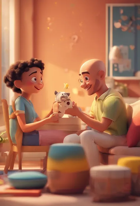 An illustration of an adorable couple, Destacando um homem e uma mulher com beleza, Expressive eyes – the mans hair is bald and brown and he has a full beard, While the womans hair is tied up in a bun and blonde. They are a bright space, Todos com um sorri...