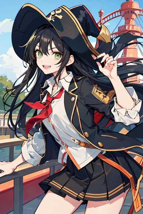 anime girl, black hair, green eyes, long hair, pirate hat, school uniform, holding the hat, smiling, happy, in a theme park,