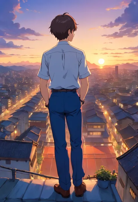 Very short hairstyle, Japanese anime man with short hair, narrow beard on chin, 40 years old, full body, wearing dark blue set-up, white shirt, rooftop of building with sunset view