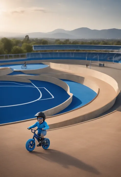 Theres a 3-year-old boy, cabelos louros curtos cacheados, andando de bicicleta azul em uma pista de BMX, with Olympic BMX track background, estilo Pixar 3D