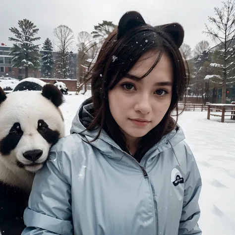 Portrait of an 18 year old woman taking a selfie with a panda at close range, wearing a jacket, snow background