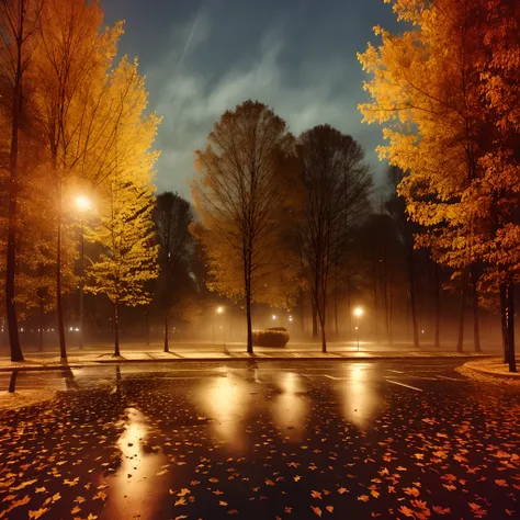 foto realista, hiquality, night in town, modern town, wet weather, dark night, wet grass, autumn leaves, big trees, urban lawn, ...