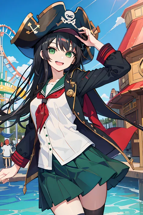 anime girl, black hair, green eyes, long hair, pirate hat, school uniform, holding the hat, smiling, happy, in a theme park,