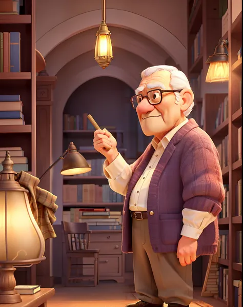 A wise old man standing in front, illuminated by the light of a lamp, against the backdrop of a library