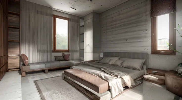 raw photo, interior design bed room, realistic bed,realistic bench, concrete floor,photorealistic, clean lightning, high quality...