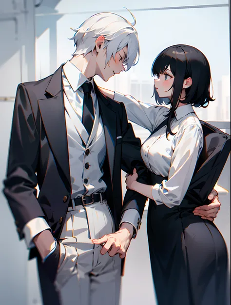 Mafia Couple Short Black Hair Woman and White Hair Man、Height difference、smorking