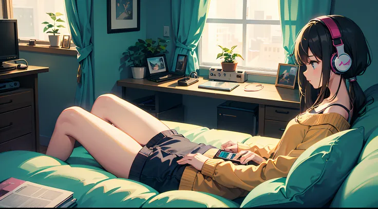 Girl listening to music in a cozy room at night, Using headphones, 2D-style animation, Lo-Fi(Lo-Fi), high image quality sic in a cozy room at night, Using headphones, 2D-style animation, Lo-Fi(Lo-Fi), high image quality --auto