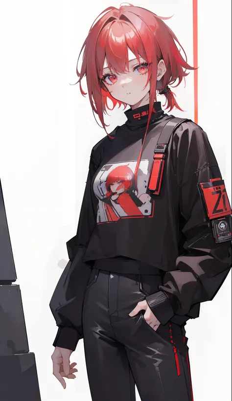 (best qualtiy, Masterpiece), (Cool handsome girl , 1girll , Solo, " Short hair girl，Mullet head，Handsome girl，looks into camera，Cold girl，mullet haircut，messy  hair，black long sleeves，shorter pants，There is no pattern hair clothes，Cyberpunk 2077，Red hair i...