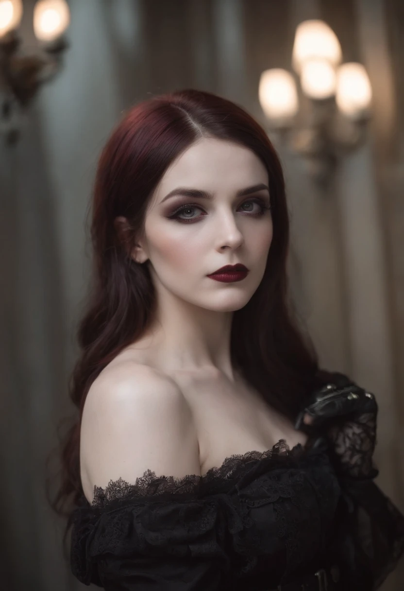 goth girl, Pale-skinned girl, Pelo largo negro con flequillo, cintura delgada, muslos gruesos, piernas tonificadas, biceped, en sujetador , minifalda negra, Goth makeup, delineador rojo, en una discoteca